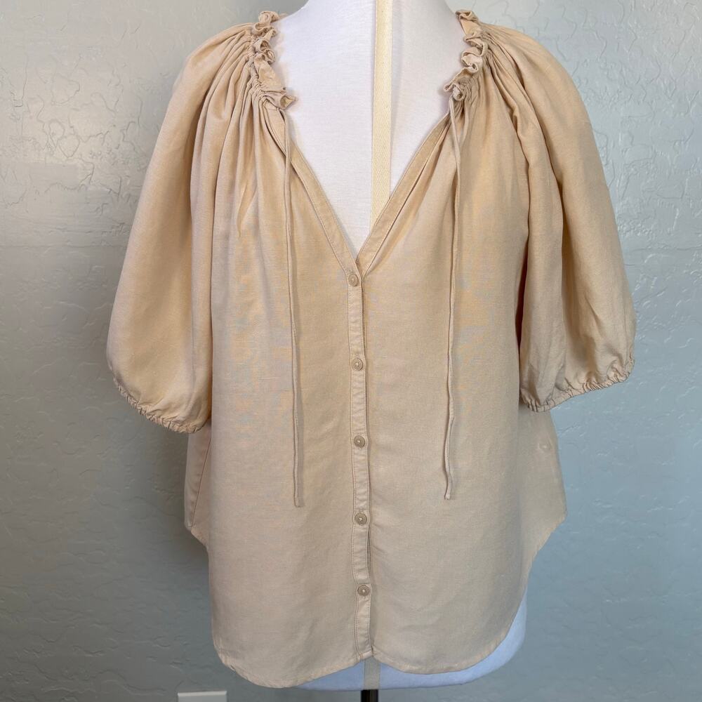 Antonio Melani Linen Blend Peasant Blouse Beige M Butter Mom Boho Tunic Prairie - Picture 2 of 11